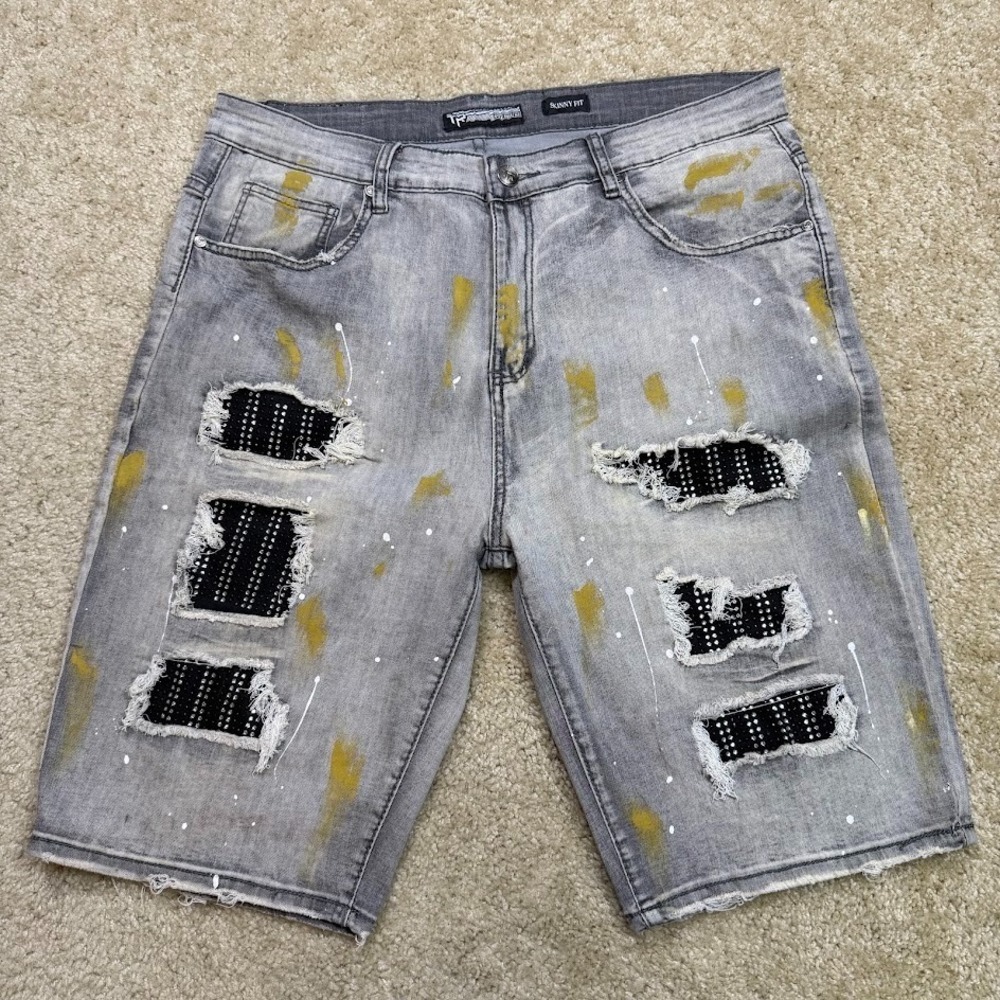 Y2K TR Premium Denim Shorts Mens 38 Gray Distressed‎ Paint Splatter Skinny